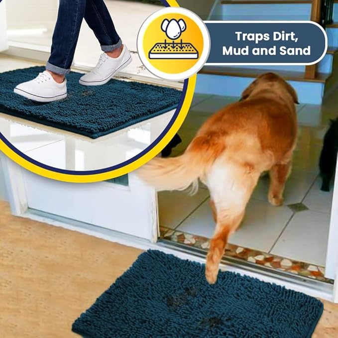 Muddy Mat® Shown on TV–Super Absorbent Microfiber Dog Door Mat for Muddy Paws, Non-Slip Washable Pet Rug, Quick Dry Chenille Entryway Carpet, Machine Washable Indoor Outdoor mat–Atlantic Blue 59"x35"