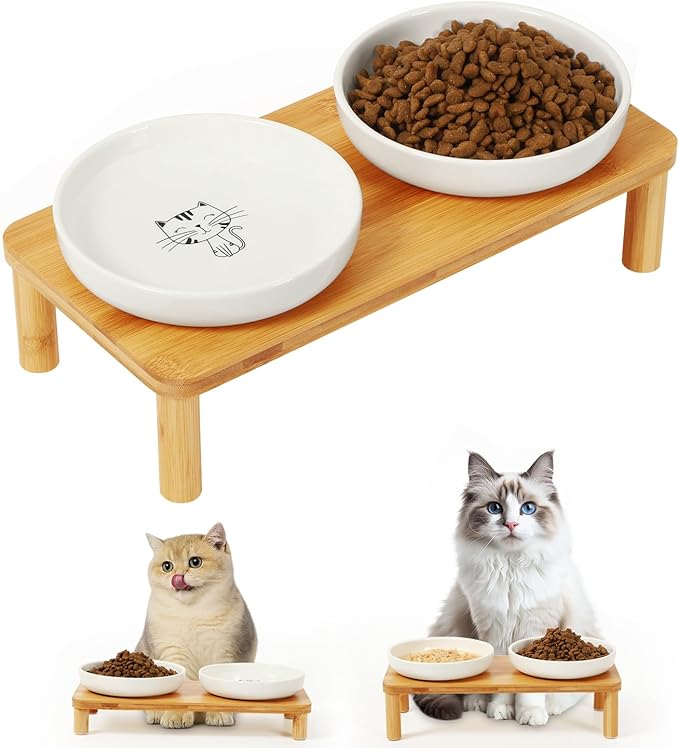Elevated Cat Bowls for Indoor Cats – Raised Bamboo Cat Food Table with 2 Ceramic Dishes, Adjustable Height (4.25"/3.07"), Whisker Friendly Feeding Station