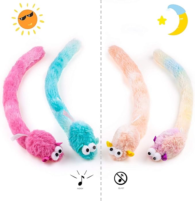 CHIWAVA 4 Packs 15 Inch Long Soft Plush Cat Toys Mice with Bell Rustle Sound Small Mouse Activity Interactive Toy
