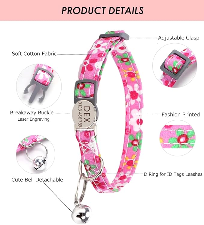Personalized Breakaway Cat Collar with Bell - Name and Phone Number Engraved for Boys and Girls Kitten (Floral)
