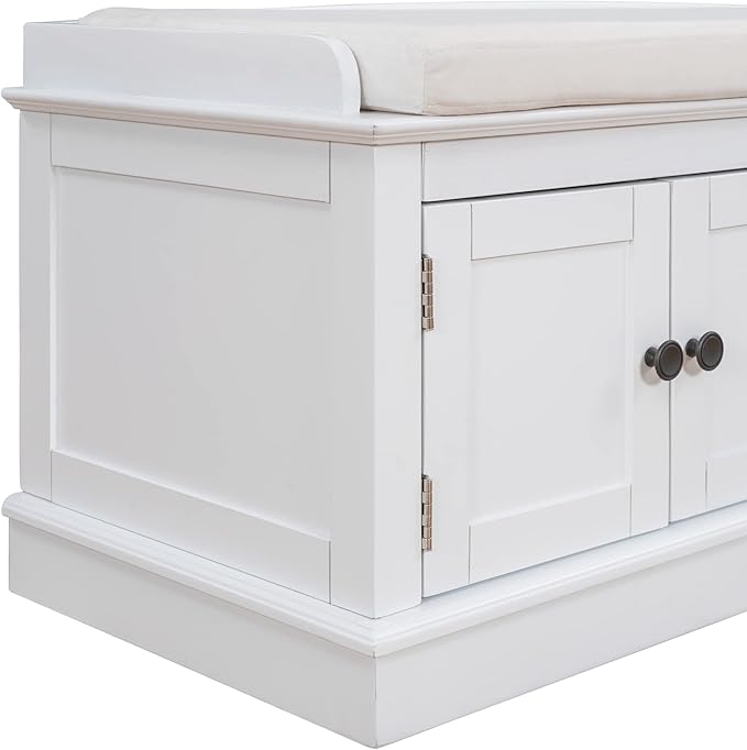 Storage Bench with 4 Doors and Adjustable Shelves, Shoe Bench with Removable Cushion for Living Room, Entryway 42.7" L x 16" W x 17.4" H (White)