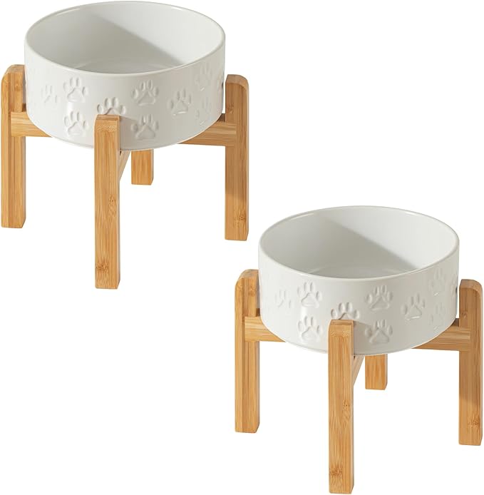 Elevated Ceramic Dog Bowls 2 Pack, 7.3“ Individual Dog Bowl Stand for Medium Dogs, 8.1" Tall Non-Slip Bamboo Stand, Microwave Safe (Double Bowls + Double Stands - White, 7.3 inch)