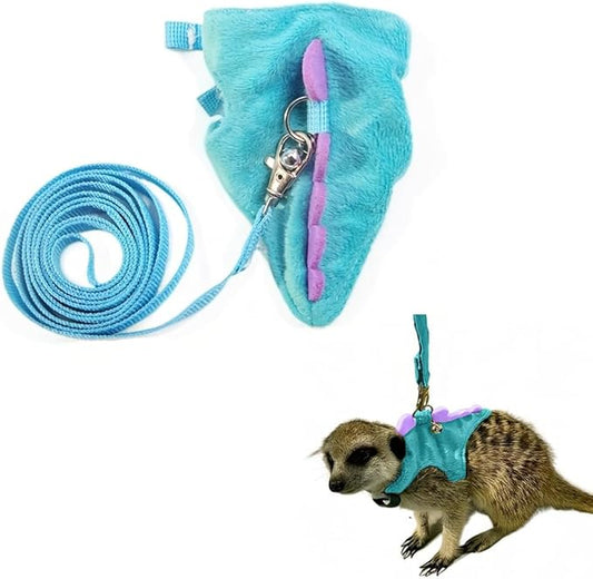 Ferret Leash and Harness Set, Dinosaur Design Small Animal Harness with Leash, Adjustable & Escape-Proof, Soft Plush Comfort for Rabbits, Kitten, Bunny, Hedgehog (Blue)