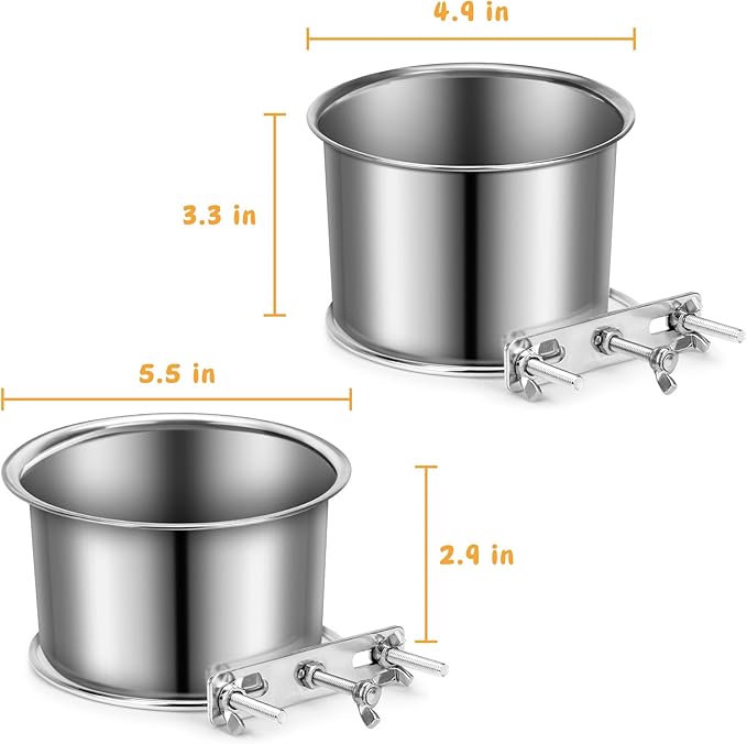Water Bowl for Dog Crate, ShineMe Stainless Steel Pet Food Bowls for Kennel Cage No Spill, Attachable Dog Crate Bowls Hanging 2 Pack for Medium and Small Sized Dogs (5.5 x 2.9” & 4.9 x 3.3”)