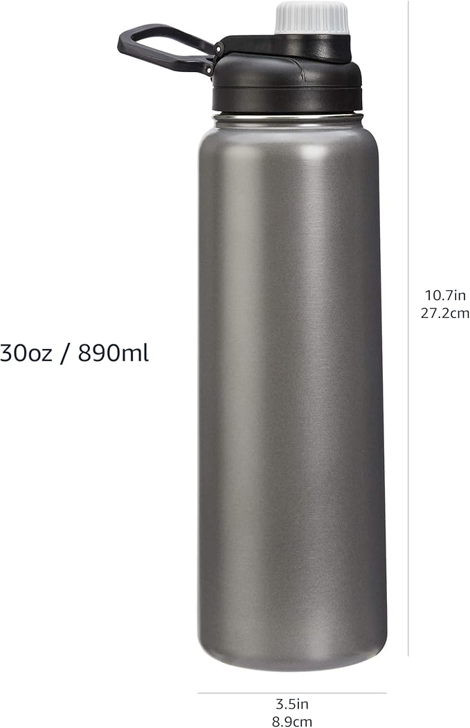 Amazon Basics Large Stainless Steel Insulated Water Bottle, Spout Lid, 30.1 ounces, Gray
