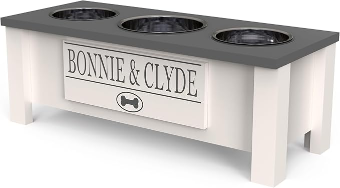 GrooveThis Woodshop - Personalized Elevated Triple Dog Bowl Stand for Large, Medium, Small, X-Small Dogs - 3 Stainless Steel Food and Water Bowls - Raised Dog Dish with Internal Storage (Medium, Grey)