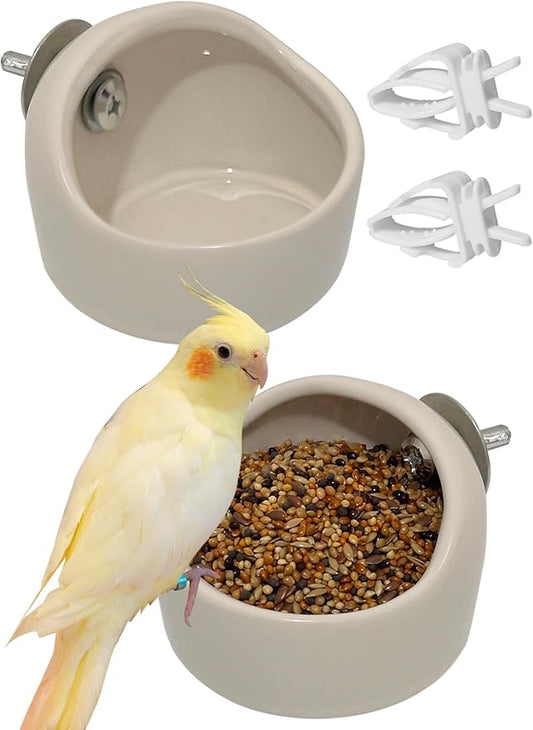 2 Pcs Ceramic Bird Food Bowl Hanging Parrot Food Bowl Pet Bird Bowls Birds Cage Holder for Budgie Finches Lovebirds Parakeet Cockatiels (White)
