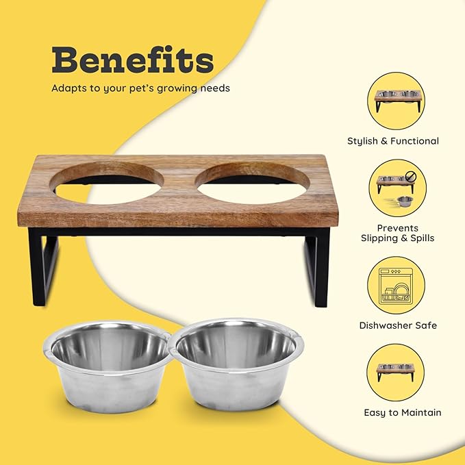 Elevated Dog Bowls, Medium 6 Height Mango Wood Raised Dog Bowl Iron Stand with 2 Pcs 64 oz Stainless Steel Pet Dishes | Food & Water 8 Cup / 1.9 L Capacity Nonslip Cats Feeding Station