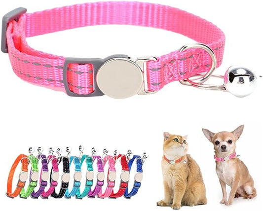 Pink Reflective Cat Collar with Bell, Breakaway Kitten Collar with Bell Safety Soft Nylon Break Away Female Puppy Collar with Bells for XXS Xs Small Tiny Little Girl Pet Dogs, Neck 7-11 inch