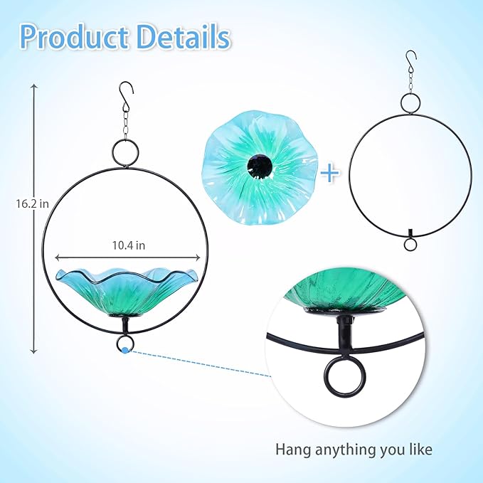 MUMTOP Hanging Bird Bath-Bird Baths for Outdoors - Flower Glass Bird Water Bowl with Hanging Circle, Bird Feeders for Outside, Garden, Lawn Yard Decor（Cyan）