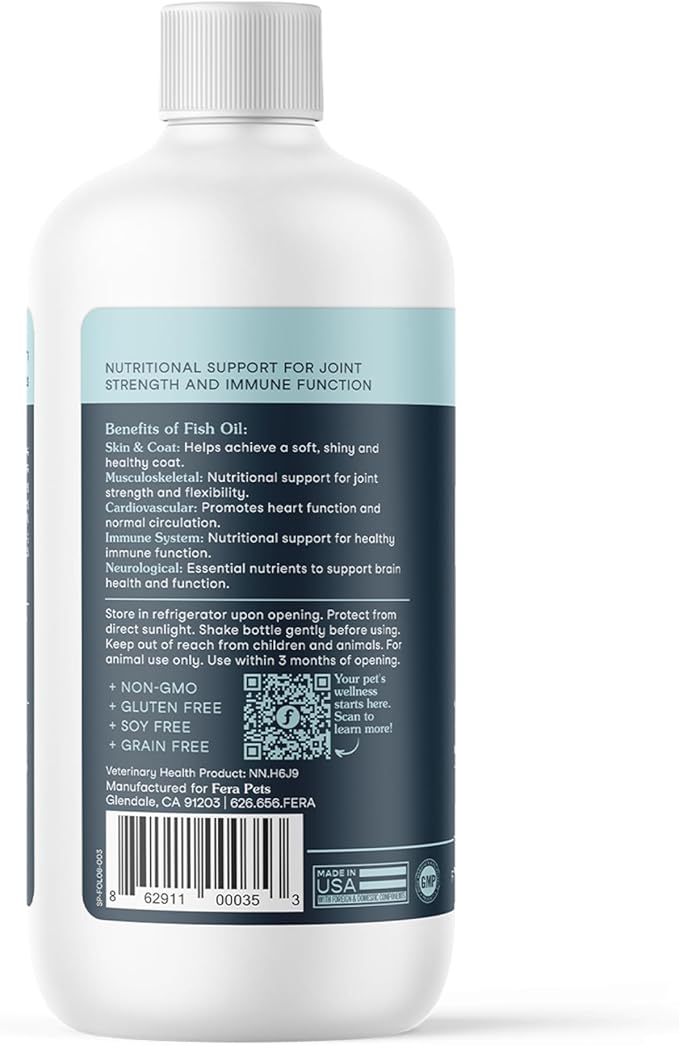 Fera Pets Fish Oil - Omega 3 for Dogs & Cats to Support Joints, Heart, Skin and Coat Health - Non GMO with Vitamin E - 8 oz