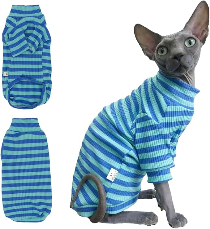 Striped Waffle Knit Shirt for Sphynx Cat, 2-Leg Long Sleeve Lightweight Outfit for Hairless Cats, Soft All-Season Pet Clothes (Blue, Small (2.5-3.5lbs))