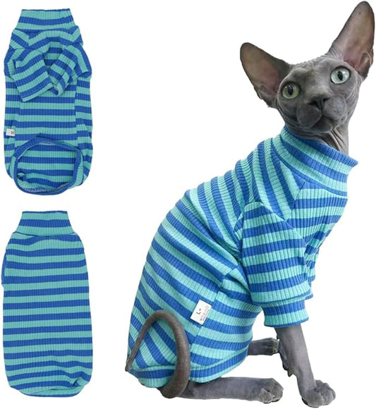 Striped Waffle Knit Shirt for Sphynx Cat, 2-Leg Long Sleeve Lightweight Outfit for Hairless Cats, Soft All-Season Pet Clothes (Blue, XXX-Large (12-15 lbs))
