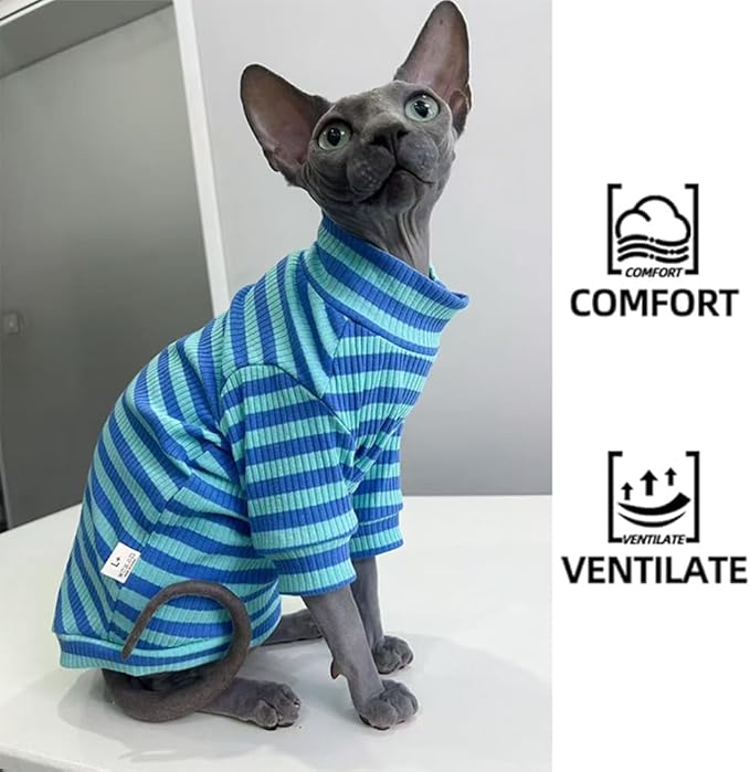 Striped Waffle Knit Shirt for Sphynx Cat, 2-Leg Long Sleeve Lightweight Outfit for Hairless Cats, Soft All-Season Pet Clothes (Blue, X-Large (7-9.5 lbs))