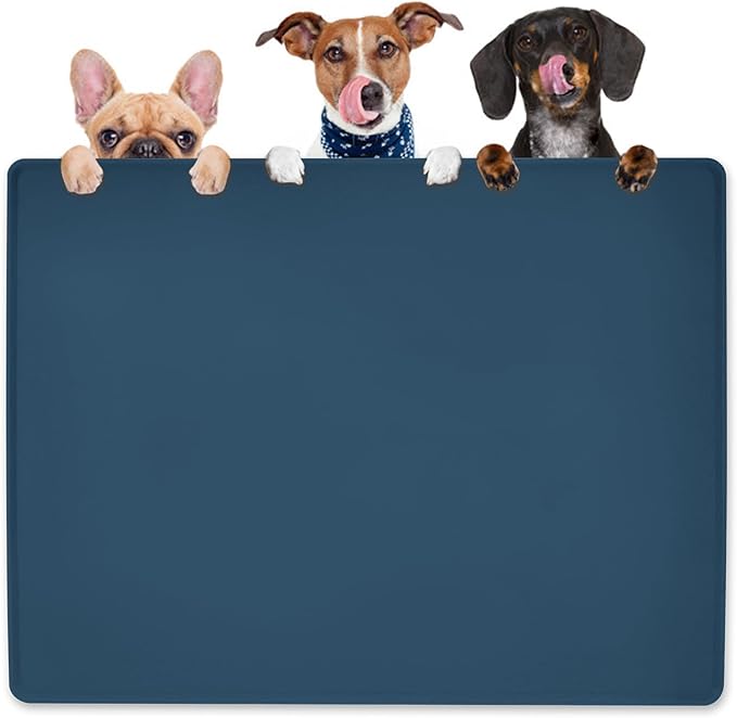 KVK Dog Water Mat 39.4 by 29.5in Extra Large - Silicone Mat for Dog Bowls Waterproof Non Slip - XL Pet Mat for Food and Water Protect Floors - Stone Blue
