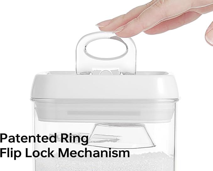 Felli Flip Tite Storage Container with Built-In Spoon & Airtight Lid 5” Large-M Ring Flip Top, Stackable Acrylic Canister for Rice Sugar Flour Protein Powder, Kitchen Pantry Organizer (1.8qt)