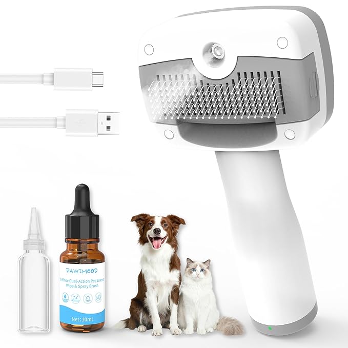 3 in 1 Pet Steam Brush for Dogs & Cats – Self Cleaning, Hair Removal Comb Steam for Shedding & Grooming for Long & Short Haired Pets,Includes Pet Essence
