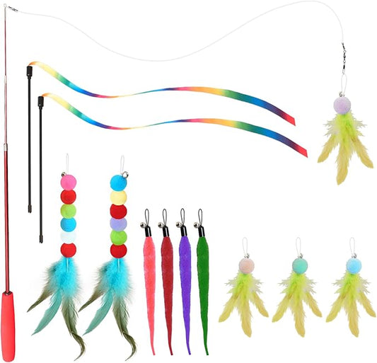 Cat Toys for Indoor Cats, 13 Packs Interactive Cat Wand Toy Set with Feather Toys & Teasers, Fun Cat Toys for Exercise, Playtime and Boredom Relief