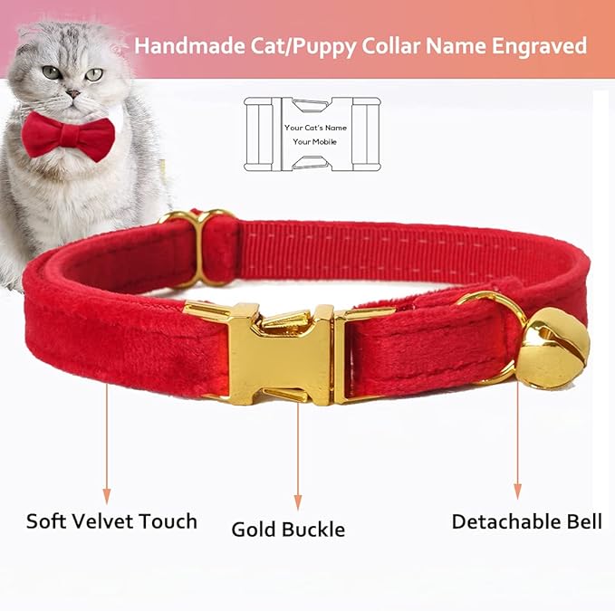 Cat Collar Personalized with Name Engraved and Bell, Customized Velvet Collars for Puppy Kittens (Red, L)