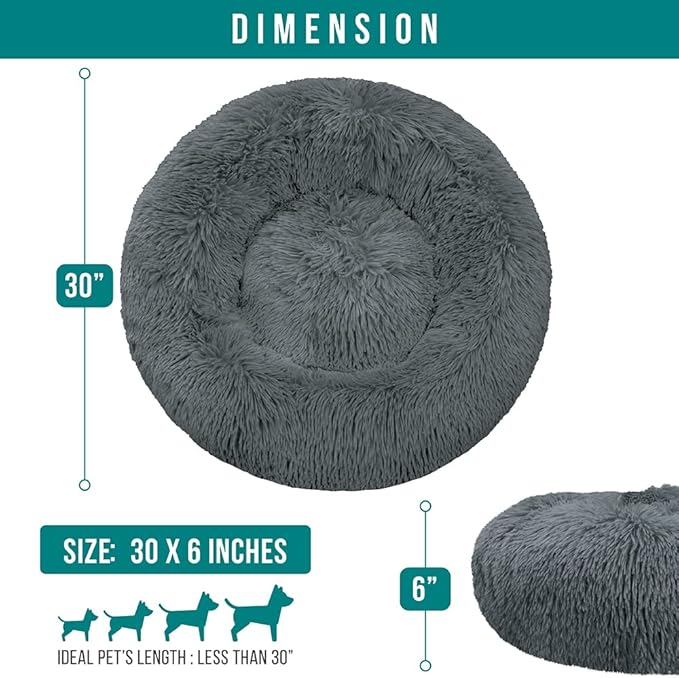PetAmi Calming Dog Bed for Small Medium Dogs and Cats, Round Donut Washable, Fluffy Faux Fur Plush Cuddler Pet Kitten Cushion, Anti-Slip, Fits up to 45 lbs, 30 inch, Dark Gray