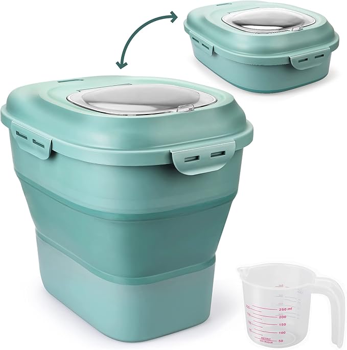 Cereal Rice Storage Containers, 20 to 50Lbs Collapsible Dry Food Dispenser Bins with Airtight Flip Lid Rolling Wheel, Kitchen Pantry to Store Sugar Flour, Dog Pet Cat Food Holder Container