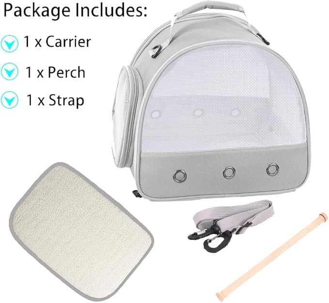 Bird Carrier, Portable Small Bird Parrot Parakeet Carrier with Standing Perch and Soft Support Mat, Side Access Window Collapsible (Grey, Mesh Windows)
