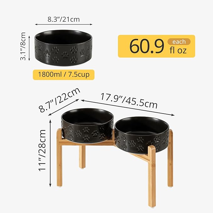 Elevated Ceramic Dog Bowls, 8.3" Food & Water Bowls with Stand, Elevated Dog Dishes for Large Breed Dogs, Microwave Safe, Dishwasher Safe (Double Bowls + Stand - Black, 8 inch)