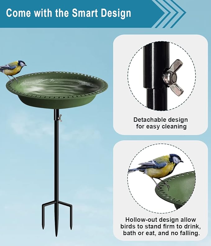 Koutemie 1-¼ Gallon Detachable Freestanding Garden Bird Bath Bird Feeder Bowl with Metal Stake for Outdoor, Deep Green, 29 Inch