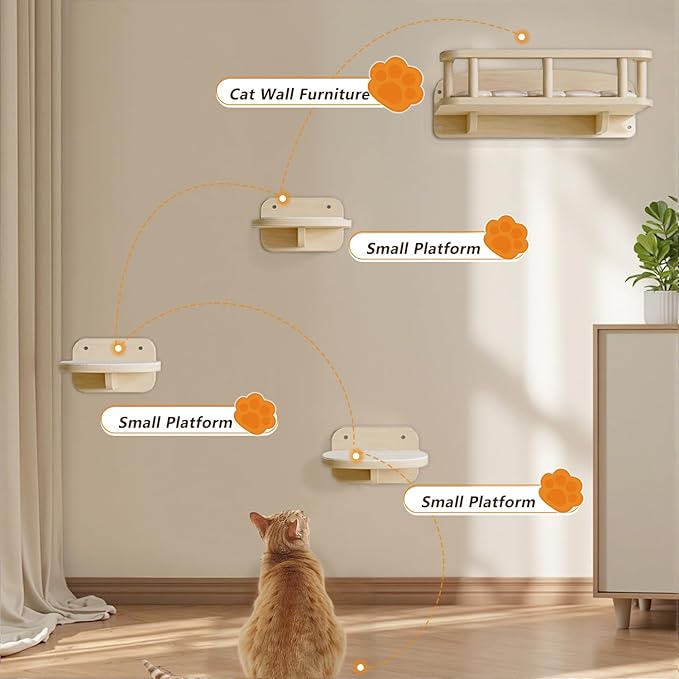 MeowHomm Cat Wall Shelves, Wood Cat Shelf with 3 Steps, Non-Slip Wall-Mounted Furniture for Kittens