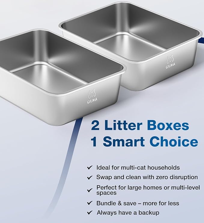 2 Pack Stainless Steel Cat Litter Box, 23.4" L×15.6" W×5.9" H, Metal Kitty Litter Box with High Sided for Big Cats, Non-Stick, Easy to Clean, Odor-Free