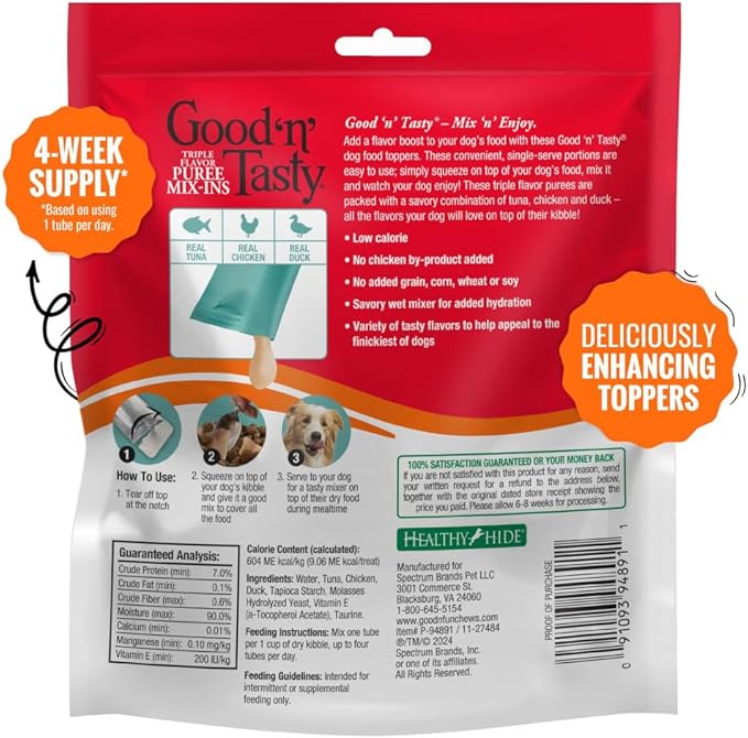 Good 'n' Tasty Triple Flavor Puree Mix-Ins Dog Food Topper Treats for All Dogs, 28 Count, Easy Single-Serve Portions, Added Protein with Tuna, Chicken and Duck