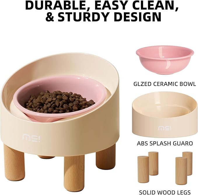MS!MAKE SURE Cat Bowls, Adjustable Elevated Ceramic Cat Bowls with Anti-Slip Rubber Pad, Splash Guard, Lead & Cadmium Free, Whisker Friendly, for Puppies & Cats - 5.1" Wide, 295ML (10 oz), Pink