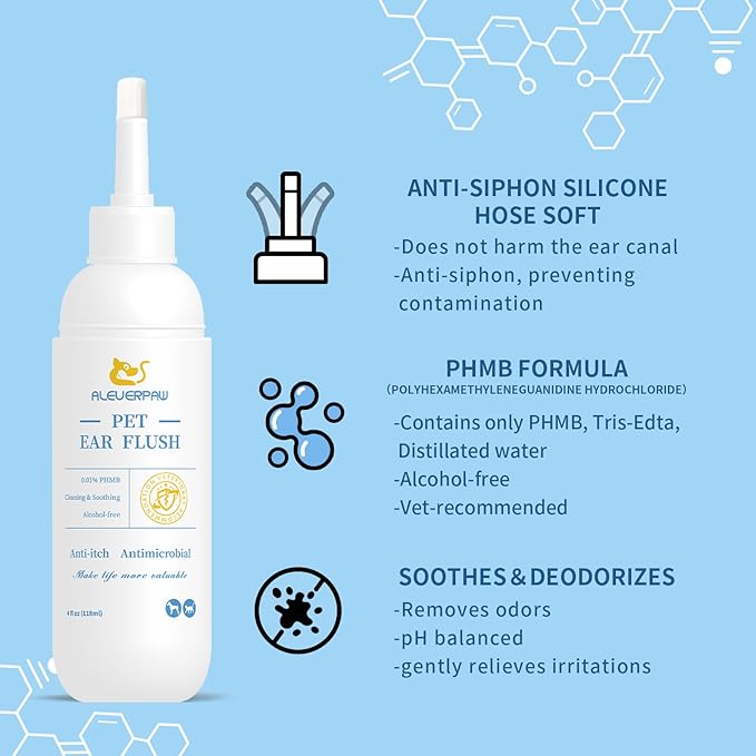 Tris Flush Cat & Dog Ear Cleaner - Dog Ear Infection Treatment with PHMB, Removes Wax, Odo, Gentle & Hypoallergenic, with 20 Cotton Qtips, 4 Fl oz
