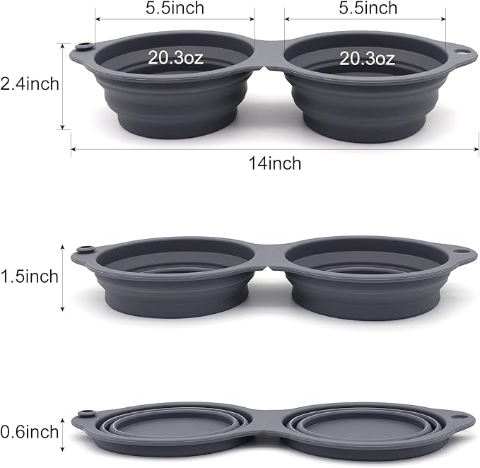SLSON Collapsible Dog Bowls,Integrated Molding Dog Double Bowl No Plastic Rim 2 in 1 Foldable Pet Food & Water Bowl Cat Feeder Dish for Walking,Hiking,Camping (Dark Grey)