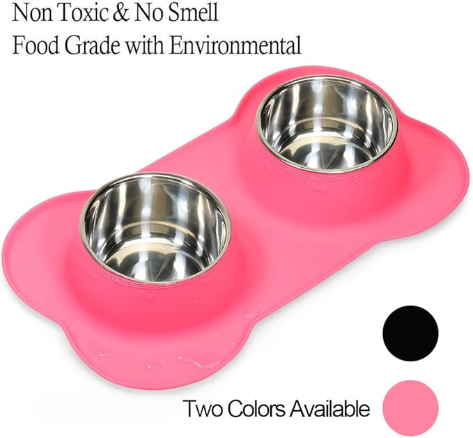 AsFrost Dog Food Bowls Stainless Steel Pet Food Bowls & Dog Water Bowls, Dog Bowls Silicone Mat No Spill Non-Skid Feeding Bowls for Small Size Dog Puppy Cat Food Dish, Pink, 3 Cup/24oz, Set of 2 Bowls