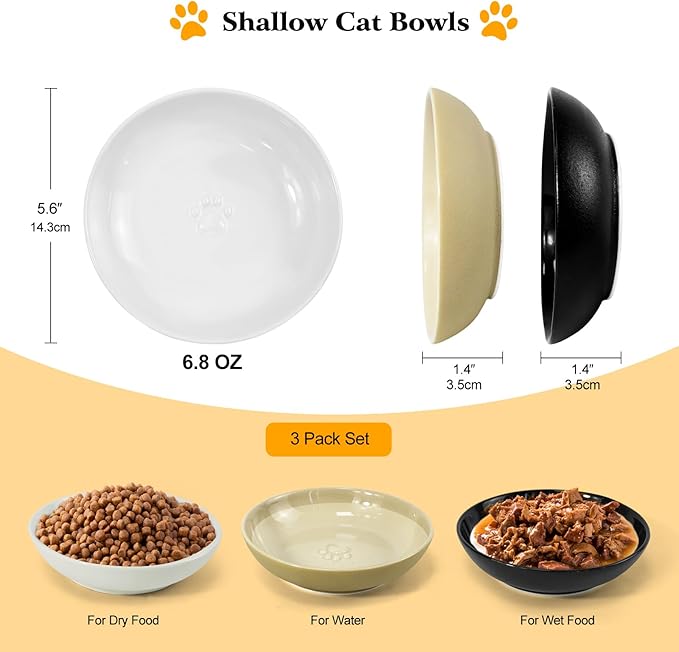 3PCS Cat Food Bowl,Ceramic Cat Dish for Indoor Cats,Wide Shallow Cat Bowls for Dry and Wet Food,Anti Whisker Fatigue Cat Plates for Kitten Cats or Dogs