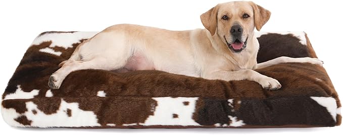 Bedfolks Plush Waterproof Dog Crate Bed, Faux Fur Kennel Pad for Extra Large Dogs, Removable Washable Cover, 41"x27", Cow Print