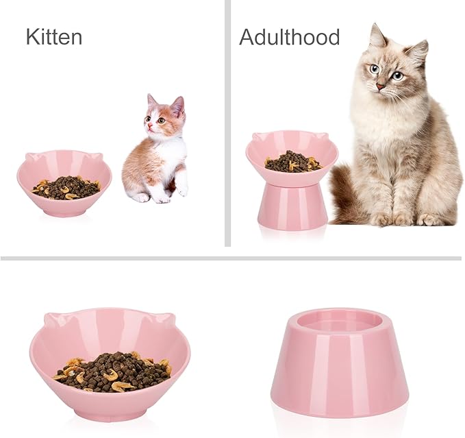 Detachable Elevated Cat Bowls, 15° Tilted Raised Cat Food Bowl Anti-Vomiting,Whisker Friendly, Adjustable Pet Dishes Extra Wide for Protecting Spine, Adult Kitten (Pink