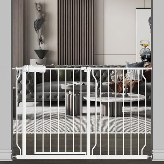 TSAYAWA Walk Through Baby Gate with Door, 43.5-48 Inch Wide Presure Mounted No Drill Metal Auto Close Child Gate for Stair Doorway - Indoor Outdoor Safty Gate for Toddler Dog Doggie, White