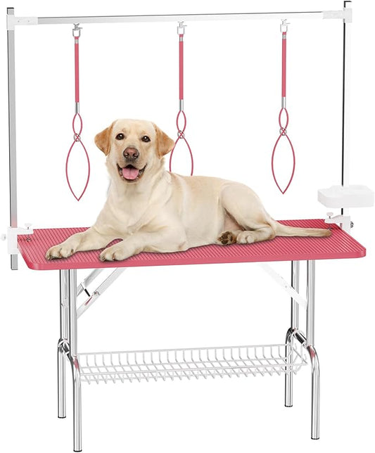 VFK 47'' Large Dog Grooming Table Stainless Steel Foldable Grooming Table for Dogs at Home Adjustable Height Arms Pet Station with Nooses, Mesh Tray, Tool Organizer