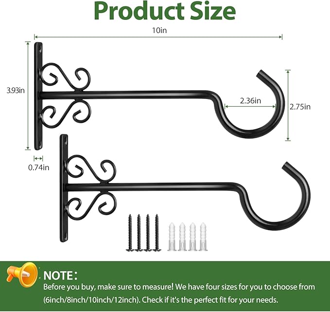BOLITE Plant Hangers, 10 Inch Hanging Plant Brackets Outdoors or Indoors, Wall Hooks for Hanging Hummingbird Feeders, Bird Feeders, Planters, Lanterns, Wind Chimes, String Lights, 2 Pack, Black
