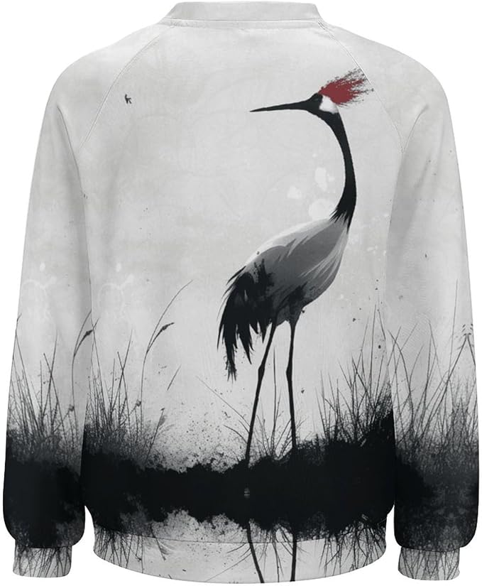 Womens Long Sleeve Tops Y2k Japanese Art Print Sweatshirts Fall Pullover for Women Crewneck Vintage Shirts Boho Tops