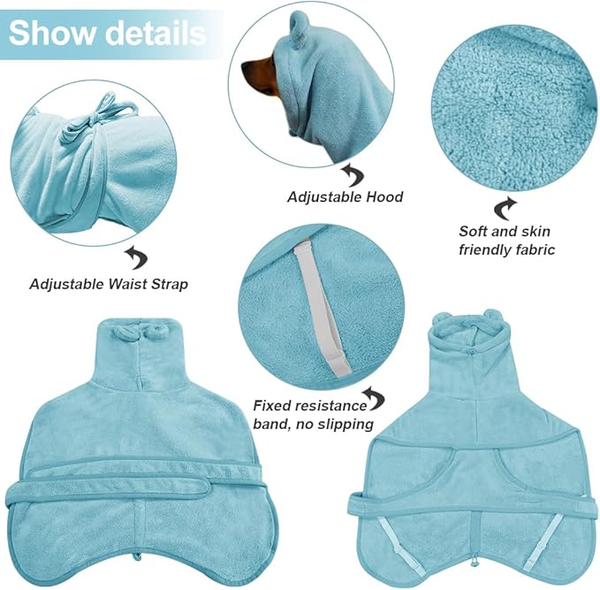 Medium to Large Size Dog Bathrobe, Quick Drying Super Absorbent Used for After Bathing, Warm Dog Towels, Adjustable Hoodies and Belts for Pet Dogs Bath Clothes Products (Blue, 4XL)