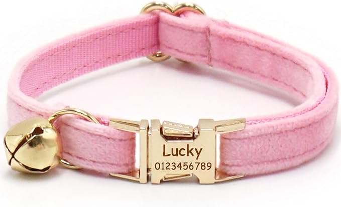 Personalized Cat Collars with Bells Custom Cat Collar with Name Tag Cute Soft Small Cat Collar for Boy and Girl Cats Kitten (Water Pink)