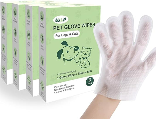 WLP 24 PCS Pet Cleaning and Deodorizing Glove Wipes for Dogs & Cats Hypoallergenic Pet Cleaning and Hydrating Glove Bath Wipes Enriched with Aloe & Jojoba Oil Individually Wrapped