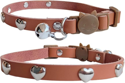 Spiked Cat Collar with Bells, Breakaway Genuine Leather Protective Collar for Kitty, Studs Spikes Punk Style, Heart Pattern, Adjustable for Girl Boy Kittens Small Bunny Rabbit, 8"-9.5" Brown