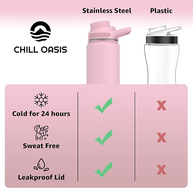 Chill Oasis Water Bottle | Compatible With Popular Flavor Cartridges | BPA Free, Leak Proof, Double-Walled Vacuum Insulated Stainless Steel, and Dishwasher Safe | Cold for 24 Hours (Pink, 22oz)