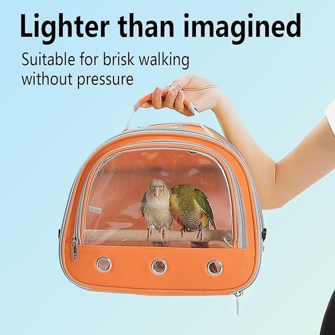 Bird Carrier,Bird Cage Parakeet Parrot Budgie Carrier Backpack for Small Birds, Travel Bird Cages with Perch, Transparent Ventilation Cockatiels, Lightweight Pet Carrier for Outdoor Use(Orange)