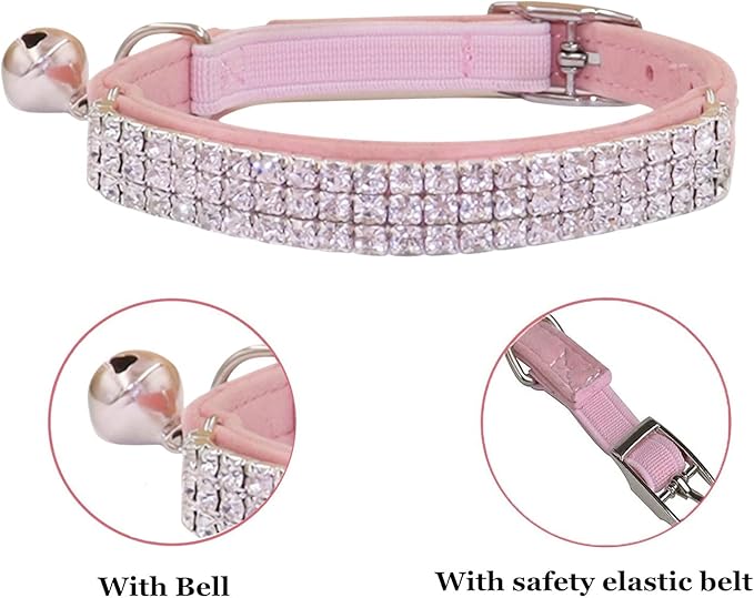 THAIN Rhinestones Cat Dog Collar Soft Velvet Safe Adjustable Collar Bling Diamante with Bells, 8-11 inch for Small Dogs and Cats (Red)