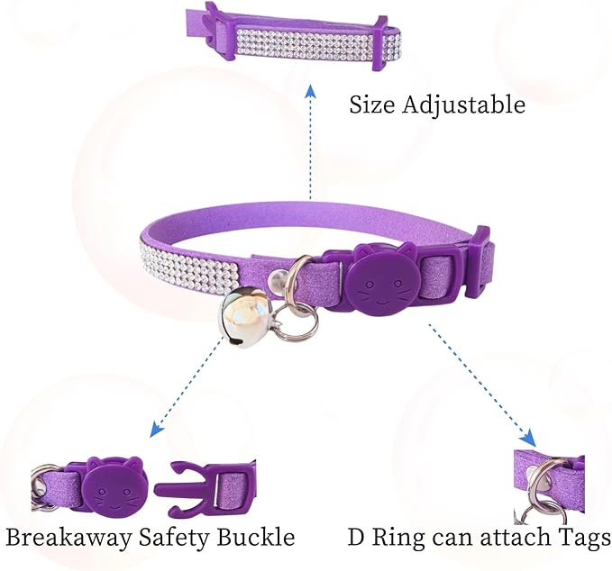 Pack of 2 Rhinestone Cat Collar Breakaway with Bell Safety Buckle, Adjustable Diamond Girl Boy Kitty Cute Comfy Collar for Kitten Tiny Little Pets Rabbits, 6"-9" Extra Small